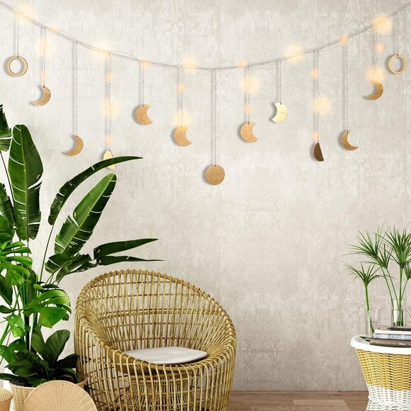 Moon Phase Wall Decor with LED String Light, 13 Gold Wood Boho Wall Hanging Deco - Picture 7 of 7